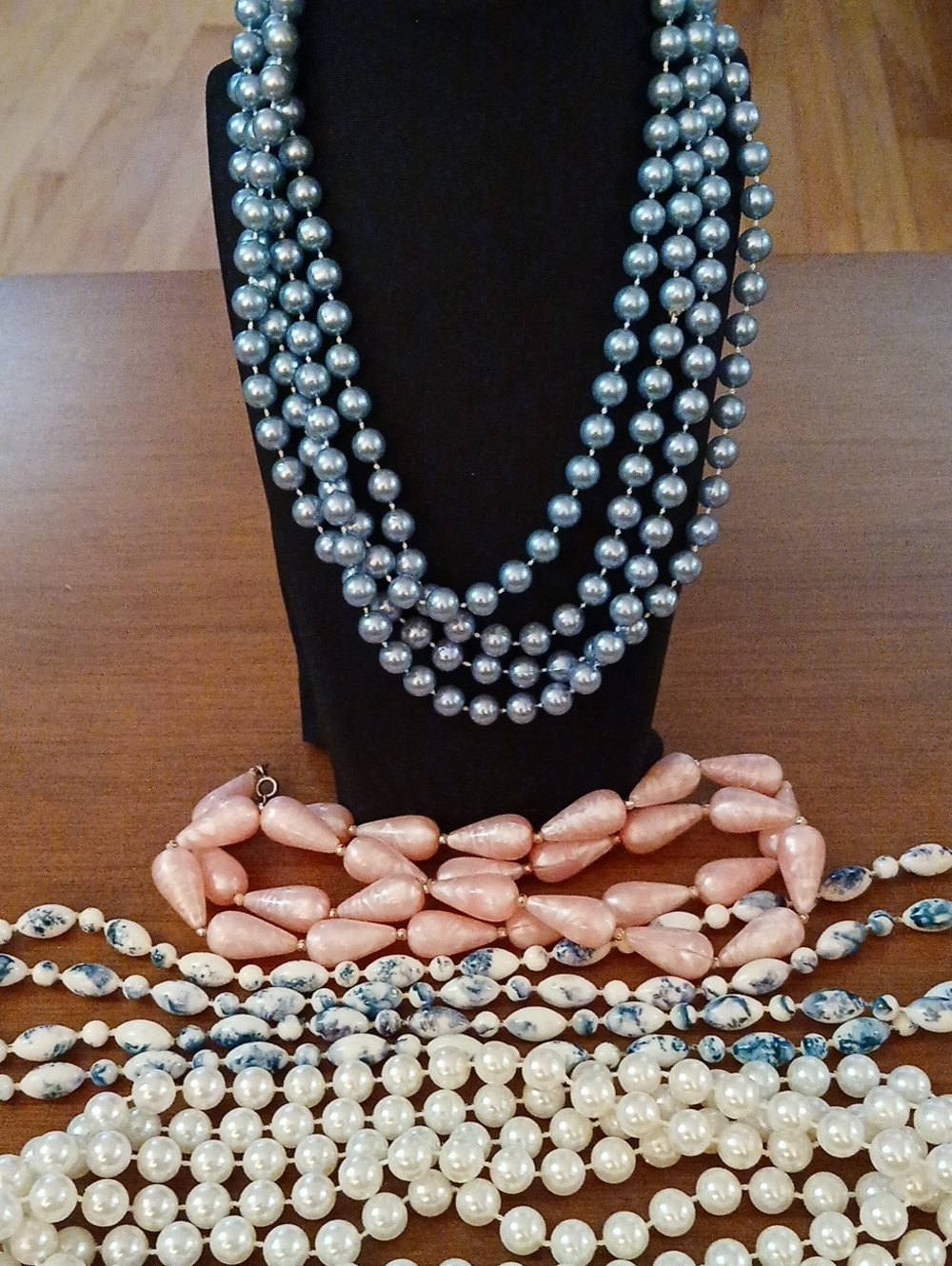 Lot Of 4 Long Pearl Bead Style Necklaces Pink,blue,cream Etc. Costume Jewelry
